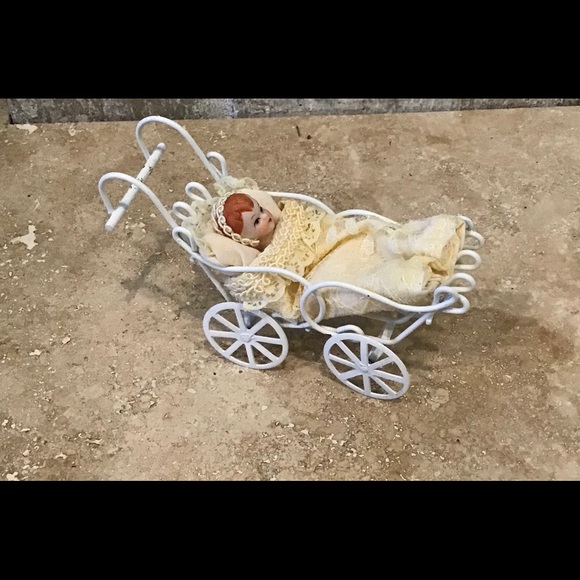 Bisque Porcelain Babydoll in Metal Carriage Ornament - Picture 3 of 6